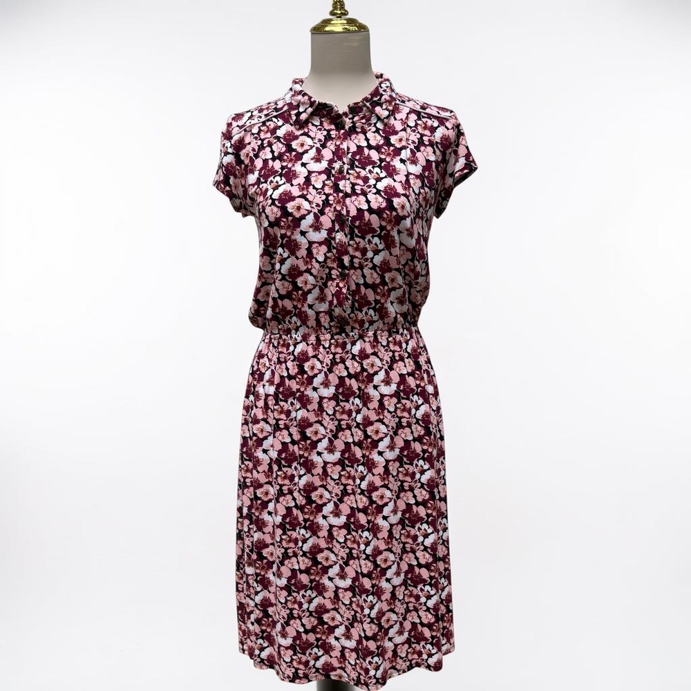 Long Tall Sally Shirt Dress 8 Burgundy Pink Floral Short‎ Sleeve Comfort Stretch